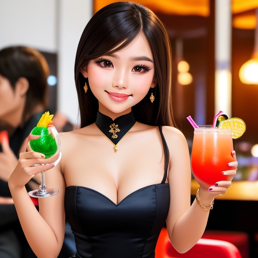 Nikki bar in Rhompho Pattaya, thai girl with black dress and a coctail