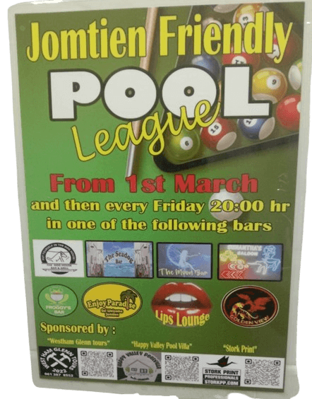 Golden view, guesthouse, restaurant and bar in Jomtien Pattaya, banner announcement Jomtien friendly pool league
