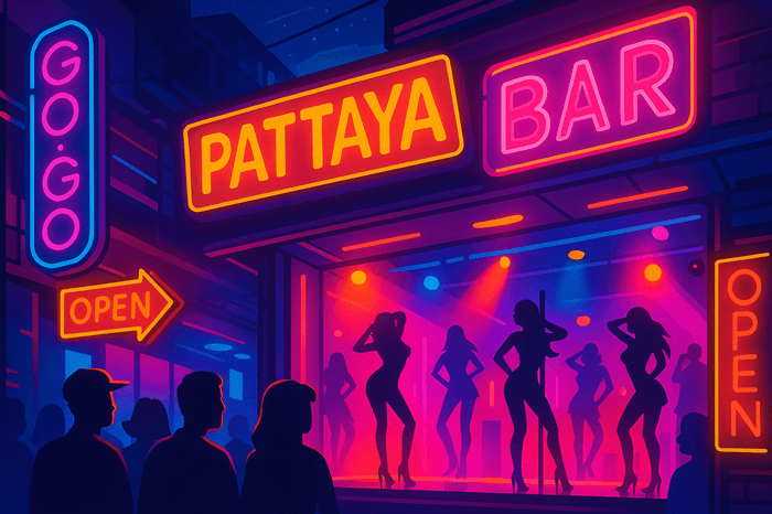 The best go-go bars you find in Pattaya Thailand, silhouette female dancers in red and bue neon lights