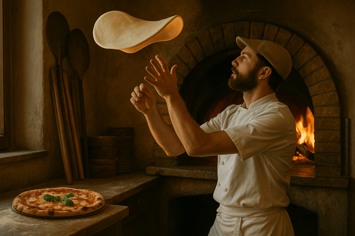 Best pizza you can eat in Pattaya, a woodfire oven and a pizza cook who trow a pizza form ith a round shape in the air