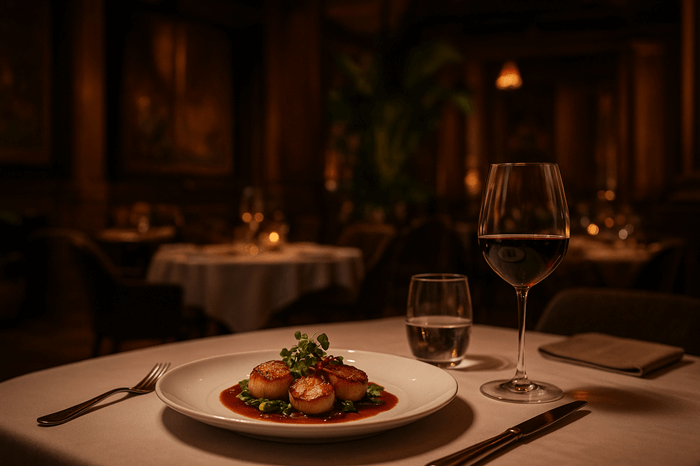 pattayas best restaurants, a table with a hy culinairy dish and a glass of red wine