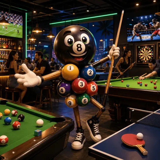 S1 Pool Hall & Sport Bar Pattaya, ai art, mascotte from billiard balls and cues
