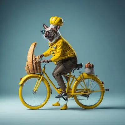 cafe de puro, custom ai art. A senior rat with yellow clothes on a yellow bicicle with french breads in the basket