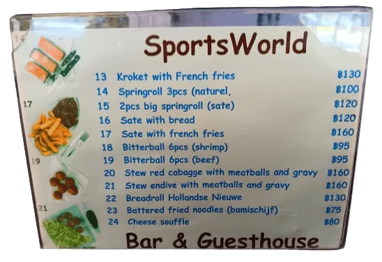 SportsWorld Pattaya, Dutch menu part 1