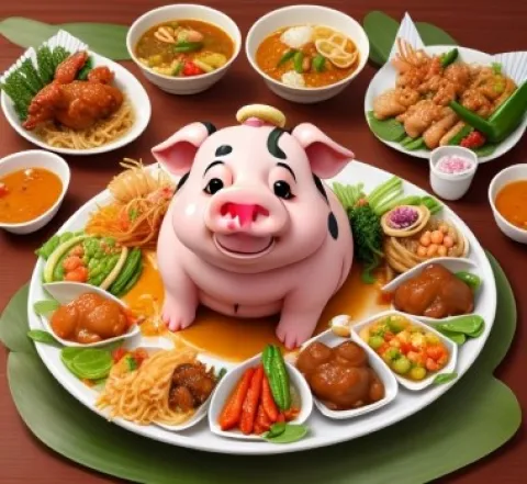 chill out 84, Thai and EU restaurant and bar in a thai environment, custom ai art, mookata happy pig