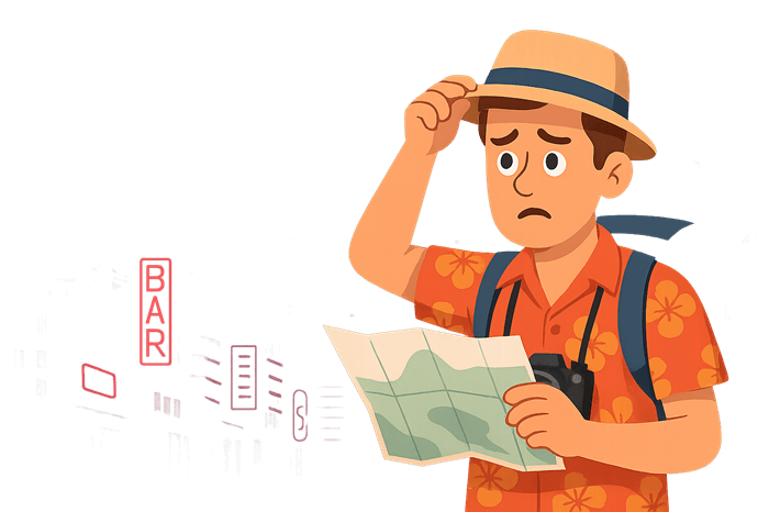 Cartoon tourist searching for go-go bars in Pattaya